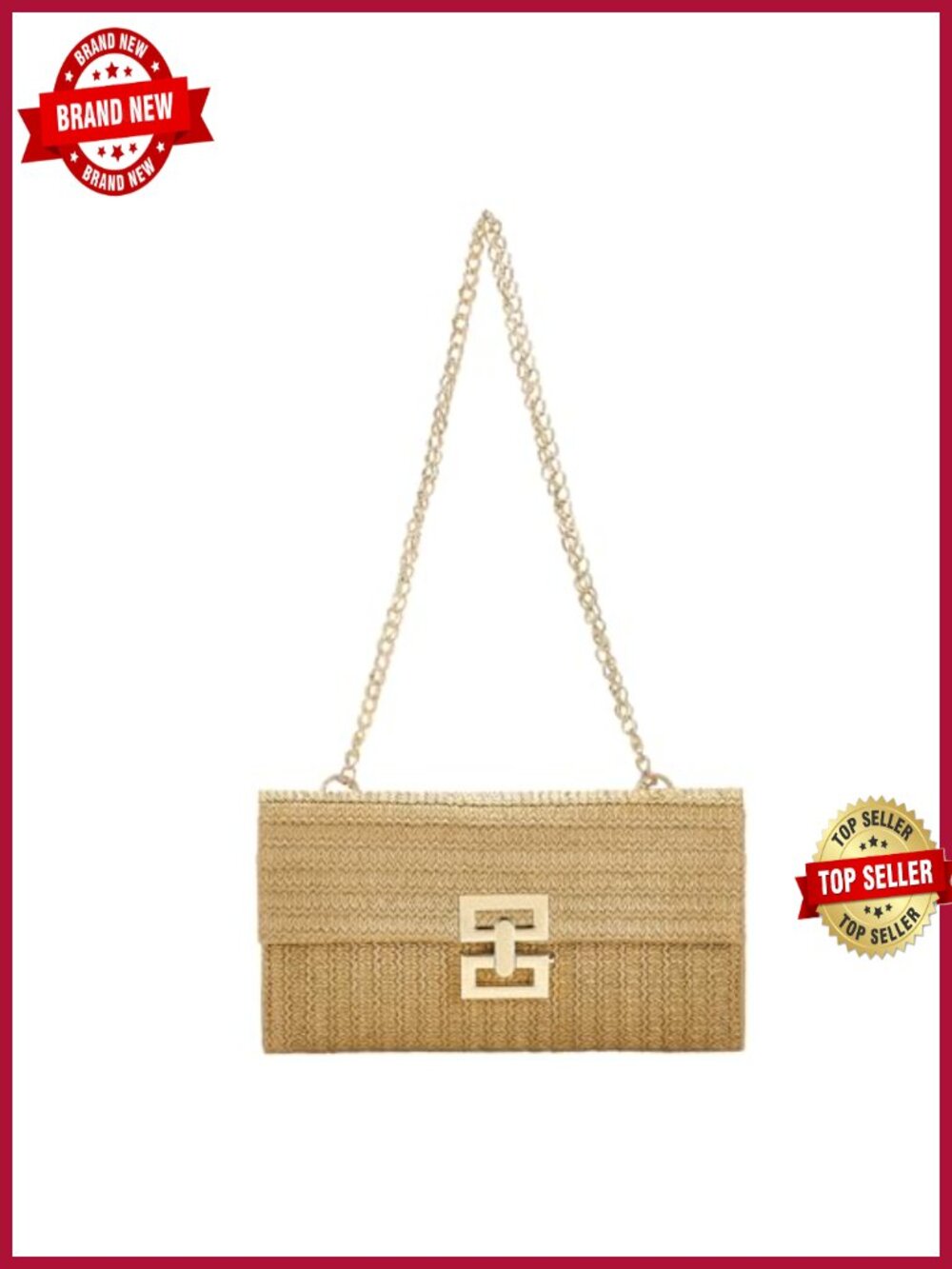 Straw Clutch Purse with Gold Chain Strap Evening Bag Boho Summer